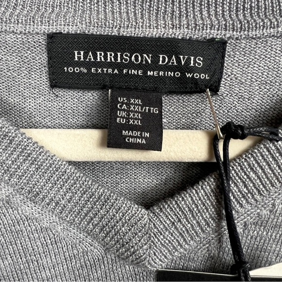 Harrison Davis Mens 2XL 100% Extra Fine Merino Wool Sweater V-neck Gray NWT - Picture 3 of 6